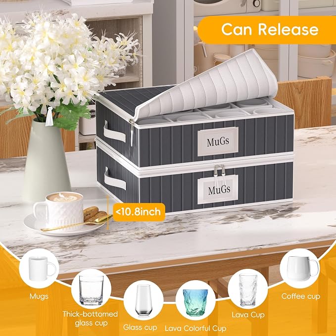 Mug and Cup Storage Box with Dividers - 2 Pack China Storage Bin Containers Holds 24 Glassware, Stackable Coffee Mug Organizer Bin and Tea Cup with 2 Metal Zipper,Label and Handles (Grey)