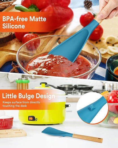 Cooking Spoon for Nonstick Cookwares, Great for Cooking and Serving Sturdy BPA-Free Matte Silicone, Wood Handle Spoon for Mixing, Scoop, and Scrape (TURQ, 13.4 inch)