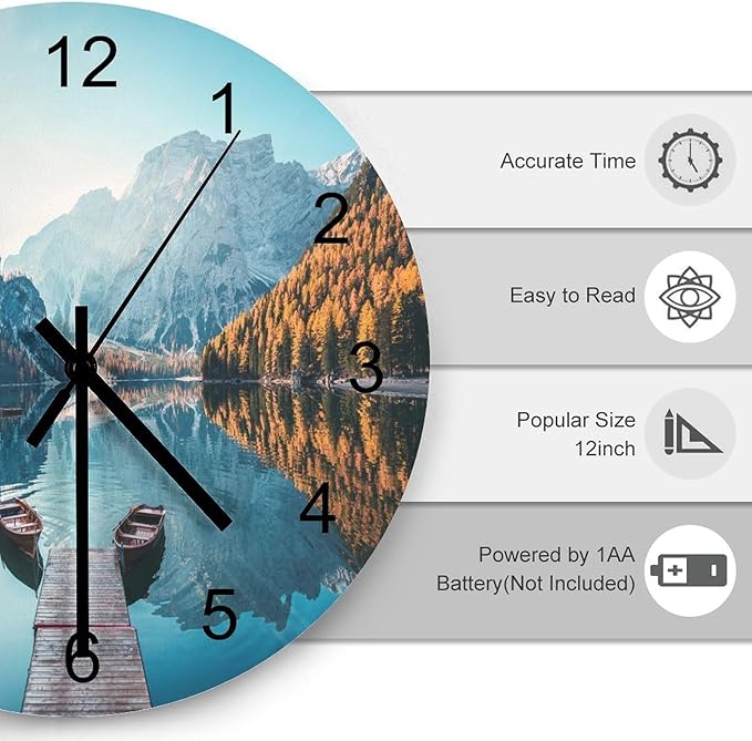 Scenic Nature Wall Clock, Natural Mountain Lake Boat Woodland Autumn Tree Landscape Wall Clocks Battery Operated Silent Non Ticking Round Wooden Clocks for Kitchen Bathroom Living Room 12 Inch