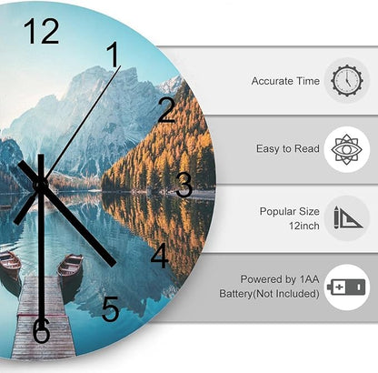 Scenic Nature Wall Clock, Natural Mountain Lake Boat Woodland Autumn Tree Landscape Wall Clocks Battery Operated Silent Non Ticking Round Wooden Clocks for Kitchen Bathroom Living Room 12 Inch