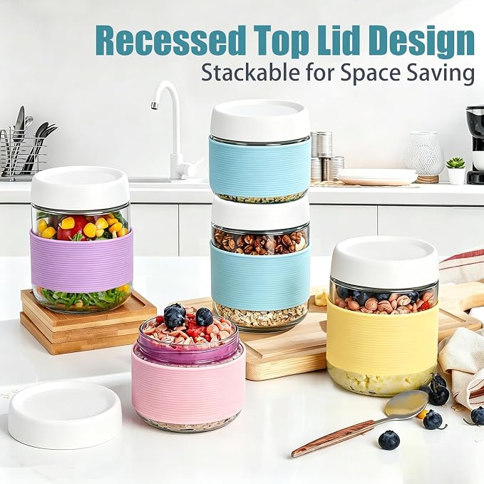 8 oz (6 Pack) Overnight Oats Containers with Airtight Lids and Silicone Sleeves - Perfect for Overnight Oats, Salad, Yogurt, Snacks, Pickles - Leakproof and Reusable Glass Food Storage Containers