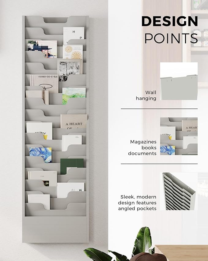 OSKIE Wall-Mount File Organizer, 16 Pockets Document Holder, Metal Construction, Gray White Powder-Coated, 14x3x46H inches
