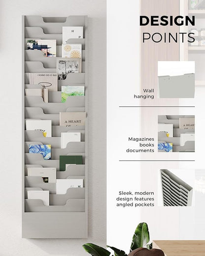 OSKIE Wall-Mount File Organizer, 16 Pockets Document Holder, Metal Construction, Gray White Powder-Coated, 14x3x46H inches