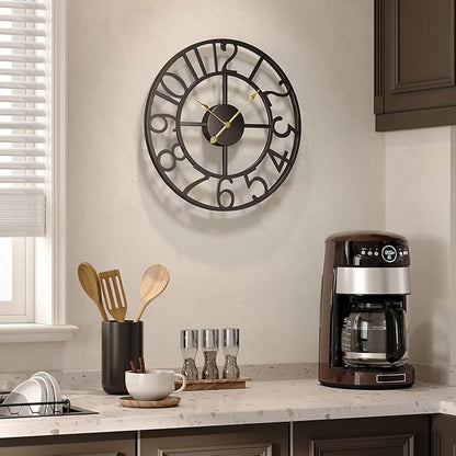 Black 16 Inch Wall Clock Decorative, Modern Metal Clock for Lving Room, Battery-Operated Silent Non Ticking Arabic Numerals Wall Clocks for Bedroom, Kitchen, Dining Room, Office