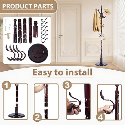 Solid Wooden Coat Rack Stand, Coat Racks Freestanding with 14 Hooks, Natural Birch Wood Coat stands with Sturdy Round Base, Tree Coat Hanger Standing for Entryway Bedroom Office (Chi Bang)