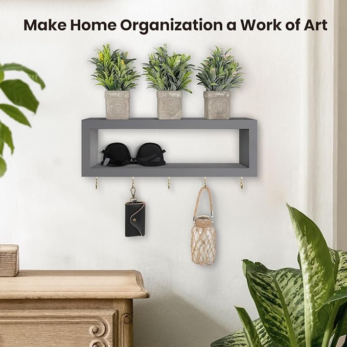 Wall Shelf with Hooks - Decorative Key and Wallet Holder for Wall Holds Sunglasses, Leashes, Scarves and Lanyards - 15.7" x 5.1" x 2.9" Entryway Organizer Made of Paulownia Wood (Gray)