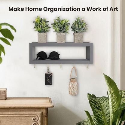 Wall Shelf with Hooks - Decorative Key and Wallet Holder for Wall Holds Sunglasses, Leashes, Scarves and Lanyards - 15.7" x 5.1" x 2.9" Entryway Organizer Made of Paulownia Wood (Gray)