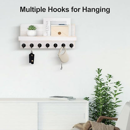 Key Holder Wall Mount, Entryway Key and Mail Holder with 7 Sturdy Hooks for Sunglasses, Dog Leash, Decorative Wall Shelf with Mounting Hardware, 15”W x 6.7”H x 4.2”D