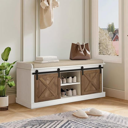2-Tier Shoe Storage Bench,43" Wooden Shoe Cabinet with Sliding Doors,Length Shoe Bench with Adjustable Shelves,Storage Bench for Entryway,Hallway,Bedroom