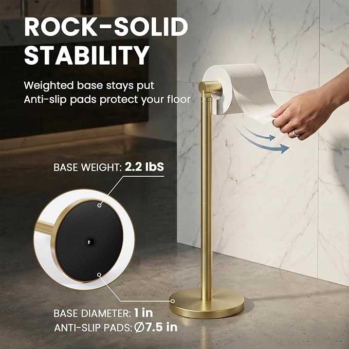 Cesun Extra Weighted Base Toilet Paper Holder Stand - SUS304 Rust Proof Free Standing Tissue Roll Holder for 4 Rolls, No Tipping, No Slipping, Gold