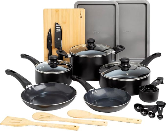 Ecolution Easy Clean Ceramic Nonstick Cookware Set, Dishwasher Safe Kitchen Pots and Pans Set, Comfort Grip Handle, Even Heating, and Ultimate Food Release, 26-Piece, Black
