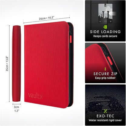 Vault X 9 Pocket Zip Binder, 360 Cards, Exo-Tec Material, 20 Side-Loading Pages (Red)