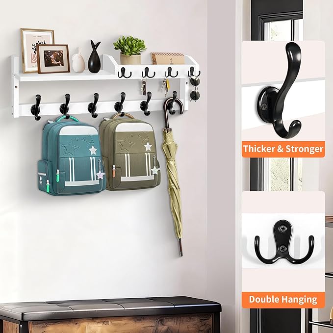 Coat Rack Wall Mount with Shelf, 27.5" Entryway Wall Hanging Shelf, Coat and Key Hanger with 10 Dual Hooks, Mail Organizer and Key Holder Hat Rack for Wall, Wood Coat Hooks with Storage