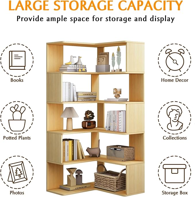 IOTXY 6-Tier L-Shaped Corner Bookshelf - 66" Tall Wooden Freestanding Bookcase with Open Shelf Units, Oak