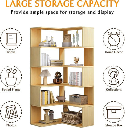 IOTXY 6-Tier L-Shaped Corner Bookshelf - 66" Tall Wooden Freestanding Bookcase with Open Shelf Units, Oak