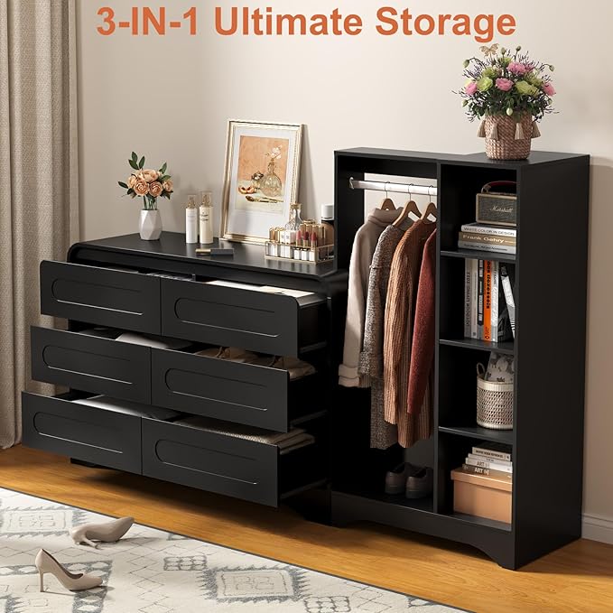 Dresser with Clothes Hanging Rack, Pre-Installed Slides for Fast Installation, 3-in-1 Wardrobe Closet with Drawers and Shoe Shelves, Modern Wood Storage Armoire for Bedroom, Black