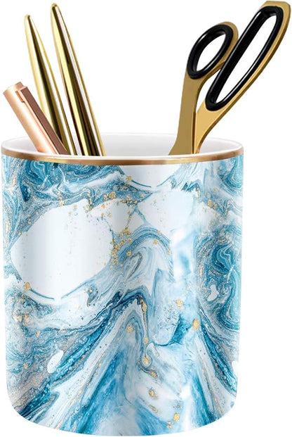 WAVEYU Pen Pencil Holder for Desk, Marble Desk Decor Organizer, Durable Ceramic Pencil Cup Holder Marble Design Makeup Cups for Brushes for Office, Classroom, Blue