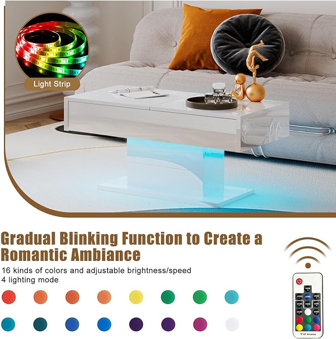 White LED Coffee Table with Storage for Living Room, Living Room Table Rectangular Center Table, Modern High Glossy Wooden Coffee Tables with 16 Colors LED Lights for Dining Reception Room