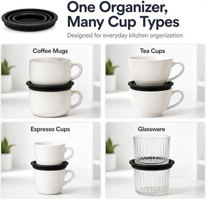 4-Pack Mug Organizer for Kitchen Cabinet, Stackable Coffee Mug Storage – Adjustable Cup Organizer for Tea Cups, Coffee Mugs, Glassware – Space-Saving Under Cabinet & Pantry Storage Solution