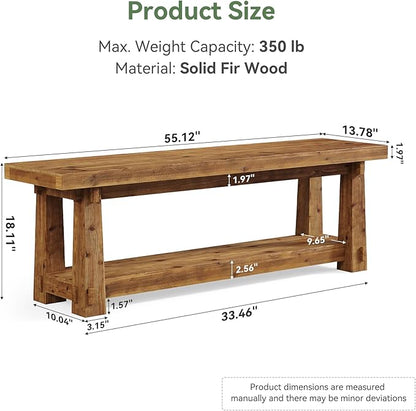55" Solid Wood Entryway Bench with Shoe Storage, Rustic Hardwood Finishes Foyer Bench with Open Shelf for Hallway, Mudroom, Bedroom, Easy Assembly
