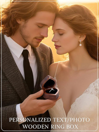 Custom4U Personalized Photo Wooden Ring Box Wedding Day Engagement Ring Holder with Name Vintage Ring Bearer Box for Ceremony Proposal Jewelry Gifts