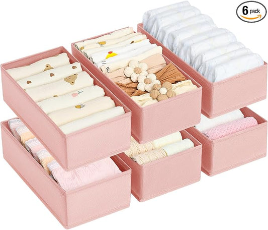 DIMJ Drawer Organizer Clothes - Underwear Organizer Closet Organizers and Storage Box Dresser Organizer,Drawer Dividers for Baby Clothes,Bra,Socks, Belt, Tie, Set of 6,Pink