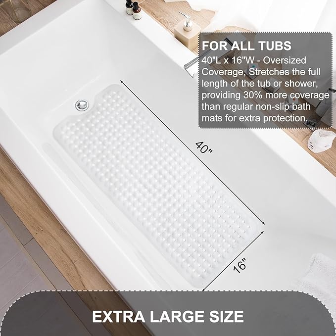 TEESHLY Bath Tub and Shower Mats, Non Slip 40 x 16 Inch Extra Large Bathtub Mat, Machine Washable Bathmat with Drain Holes, Suction Cups for Bathroom Floor, White