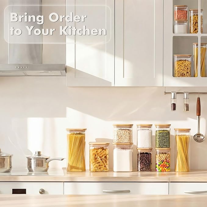 3-Pack 2.2Qt Square Glass Spaghetti Jars with Bamboo Lids | Minimalist Kitchen Organizer,Scandinavian Style Storage,Nordic Style Storage,Food Storage Canister for Pasta, Penne, Macaroni