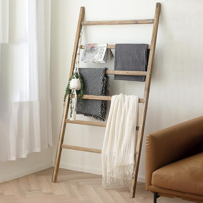 FUIN Extra Wide 6.4ft Wooden Blanket Ladder Living Room Decorative Wal Leaning Farmhouse Quilt Display Holder Rustic Wood Towel Rack for Bathroom, Burnt Brown, 38 inch Wide