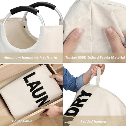 90L Large Laundry Basket, Freestanding Tall Clothes Hamper, Collapsible Laundry Bag, Beige
