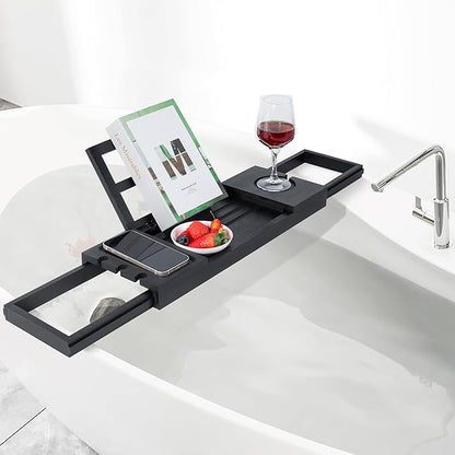Utoplike Bamboo Bathtub Tray Black, Adjustable Bath Caddy Table for Tub, Bathroom Organizer with Book Tablet Wine Glass Cup Towel Holder