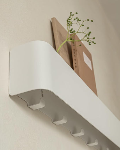 Kazai.® Coat Rack Wall Mount with Shelf 'Tone' | Modern Design Coat Hanger with Hidden Hooks and Storage | Hat Rack with Shelf in Metal | Wall-Mounted Purse Organizer | White