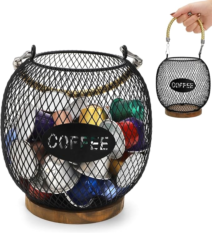 Coffee Pod Holder, K Cup Organizer Basket with Handle Wooden Base, Sturdy Metal Wire Capsule Pod Storage Container for Kitchen Countertop, Office, Coffee Bar