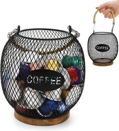 Coffee Pod Holder, K Cup Organizer Basket with Handle Wooden Base, Sturdy Metal Wire Capsule Pod Storage Container for Kitchen Countertop, Office, Coffee Bar