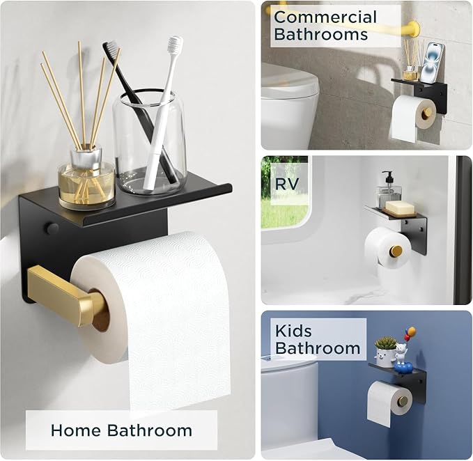 FORIOUS Toilet Paper Holder with Shelf, Adhesive or Screw Wall Mount Toilet Paper Roll Holder for Bathroom, Rustproof 304 Tissue Dispenser with Phone Shelf (1, Matte Black & Brushed Gold)