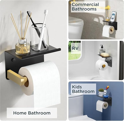FORIOUS Toilet Paper Holder with Shelf, Adhesive or Screw Wall Mount Toilet Paper Roll Holder for Bathroom, Rustproof 304 Tissue Dispenser with Phone Shelf (1, Matte Black & Brushed Gold)