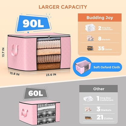 90 L Large Storage Bags, 8 Pack Clothes Storage Bins Foldable Closet Organizer Storage Containers with Durable Handle Storage and Organization, Blanket, Comforters, Bed Sheets, Pillows and Toys (Pink)