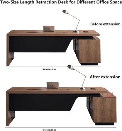 Retractable L-Shaped Executive Desk, Modern Office Desk with Drawers and Lateral File Cabinet, Large Computer Desk with Storage Shelves, Workstation for Home Office (Left Return, 86.6 - 94.5 IN)