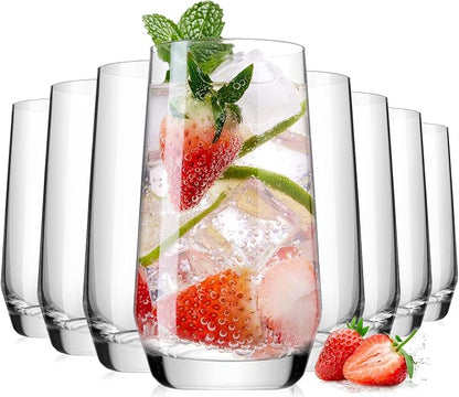 LUNA & MANTHA Drinking Water Glasses Set, Lead-Free Crystal Highball Glass, Tall Glass Cups for Cocktail Parties,Clear set of 8,16.2oz