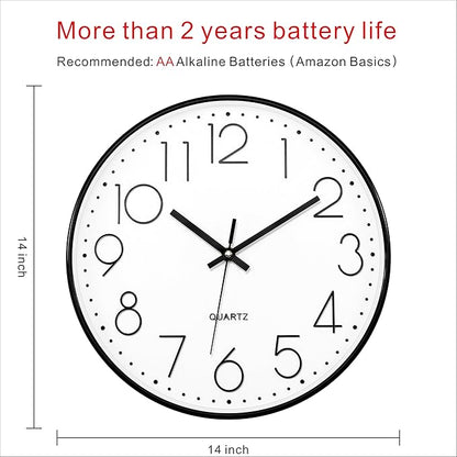 Foxtop 14 Inch Black Wall Clock, Large Silent Non-Ticking Battery Operated Round Quartz Modern Wall Clock Decorative for Office Living Room Bedroom Kitchen Home