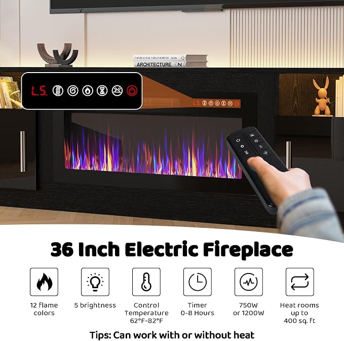 LEMBERI 80 Inch Fireplace TV Stand for TVs up to 90", 36" Electric Fireplace Entertainment Center with 20-Color LED, 300lbs Max Capacity Modern Wood Media Console Cabinet, Black