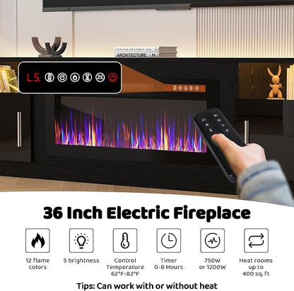 LEMBERI 80 Inch Fireplace TV Stand for TVs up to 90", 36" Electric Fireplace Entertainment Center with 20-Color LED, 300lbs Max Capacity Modern Wood Media Console Cabinet, Black
