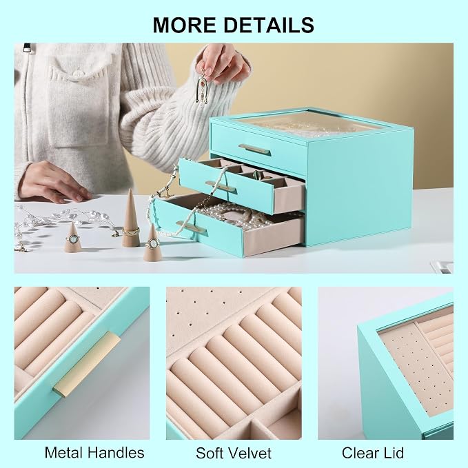 Frebeauty Clear Lid Jewelry Box,3-Layer Jewelry Organizer with Drawer,PU Leather Jewelry Organizers and Storage,Jewelry Boxes for Women,Jewelry Storage for Rings Earring Stud,Gift for Women(Turquoise)