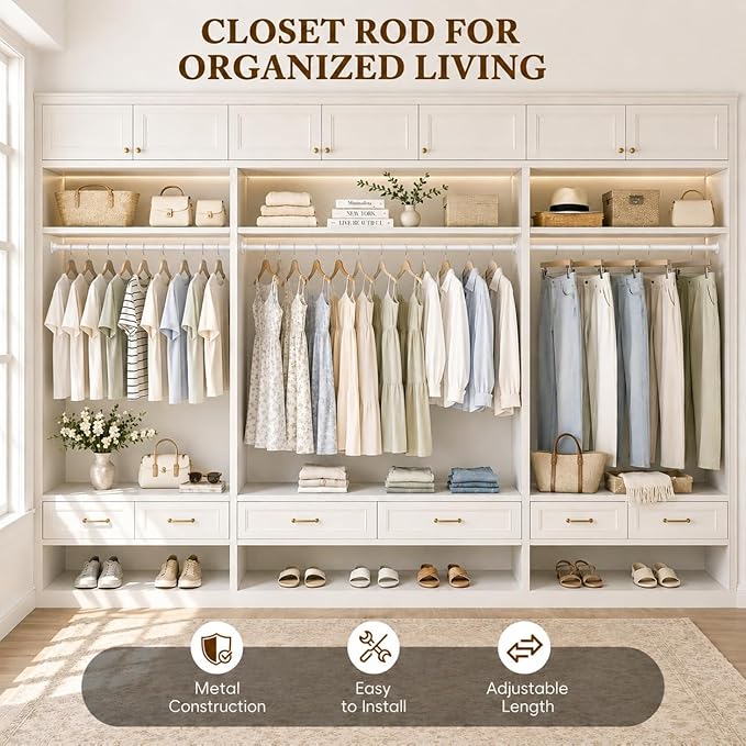 Heavy Duty Closet Rod, 17-99 IN Closet Rods for Hanging Clothes, White