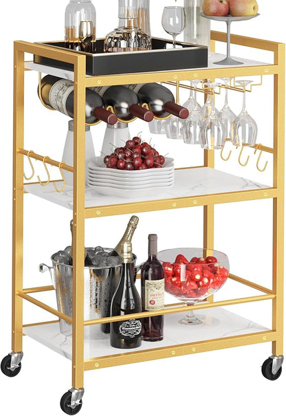 TUTOTAK Bar Cart - Serving Cart for Home - Microwave Cart, Drink Cart, Mobile Kitchen Shelf with Wine Rack and Glass Holder, Rolling Beverage Cart BC01BMG030