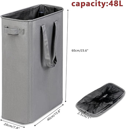 efluky Slim Laundry Basket, Narrow Laundry Hamper with Handles, Collapsible Dirty Clothes Hamper, Tall Laundry Bin for Laundry Room, Dorm and Bedroom, 12.7 Gallons(48L) Grey