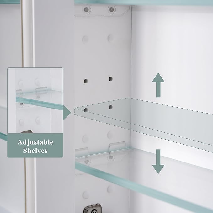 WELLFOR40 x 32" Bathroom Medicine Cabinet with 3-Tier Adjustable Shelves, Recessed Solid Wood Medicine Cabinet with Mirrors, Wood Miiror Cabinet with 2 Soft-Close Door and Open/Built-in 6 Shelves