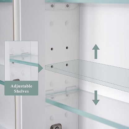 WELLFOR40 x 32" Bathroom Medicine Cabinet with 3-Tier Adjustable Shelves, Recessed Solid Wood Medicine Cabinet with Mirrors, Wood Miiror Cabinet with 2 Soft-Close Door and Open/Built-in 6 Shelves