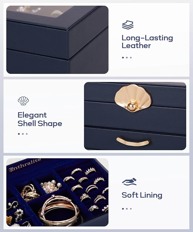 Jewelry Box with 2 Drawers: Display Organizer for Earrings Necklaces - Gifts for Girls Women (Dark Blue)