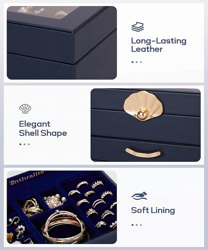 Jewelry Box with 2 Drawers: Display Organizer for Earrings Necklaces - Gifts for Girls Women (Dark Blue)